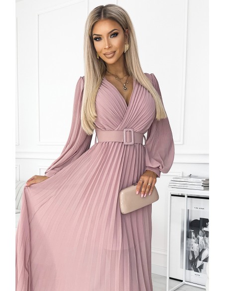  414-2 KLARA pleated dress with a belt and a neckline - powder pink 