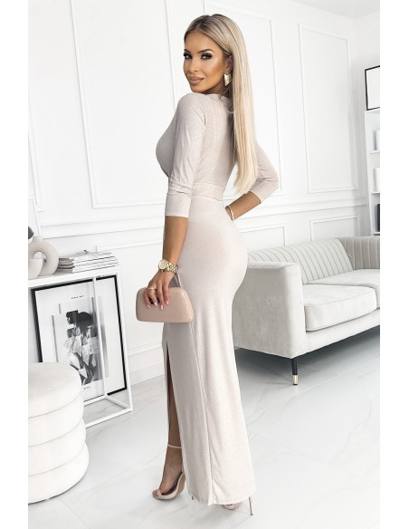  404-3 Shiny dress with a neckline and a slit on the leg - beige 