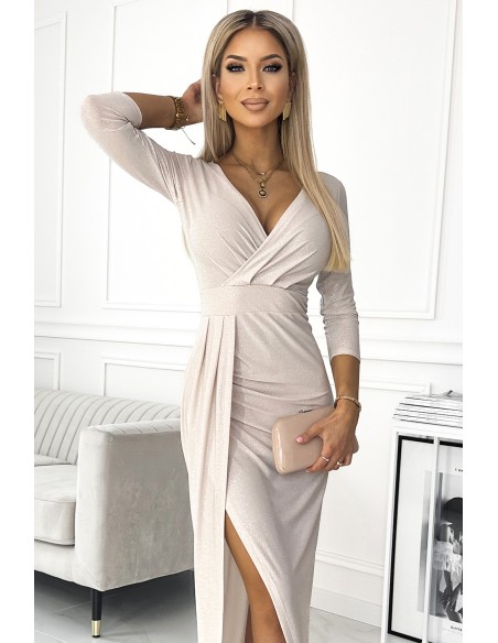  404-3 Shiny dress with a neckline and a slit on the leg - beige 