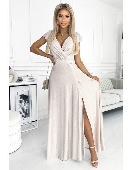  411-4 CRYSTAL long shimmering dress with a neckline - beige 