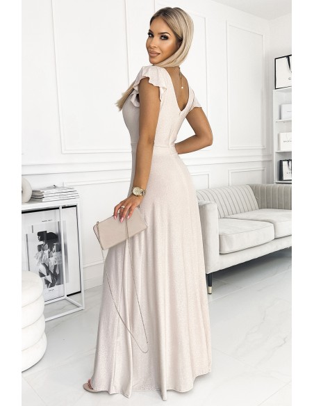  411-4 CRYSTAL long shimmering dress with a neckline - beige 