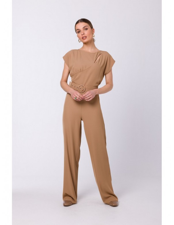 S339 Jumpsuit with split neckline - beige