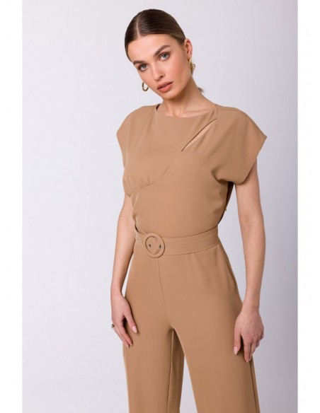 S339 Jumpsuit with split neckline - beige