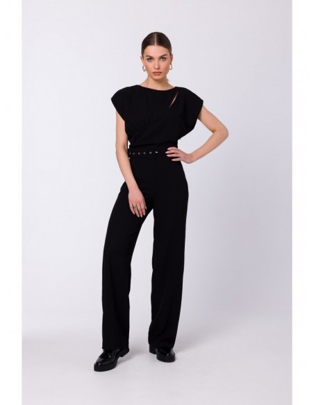 S339 Jumpsuit with split neckline - black