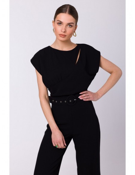 S339 Jumpsuit with split neckline - black