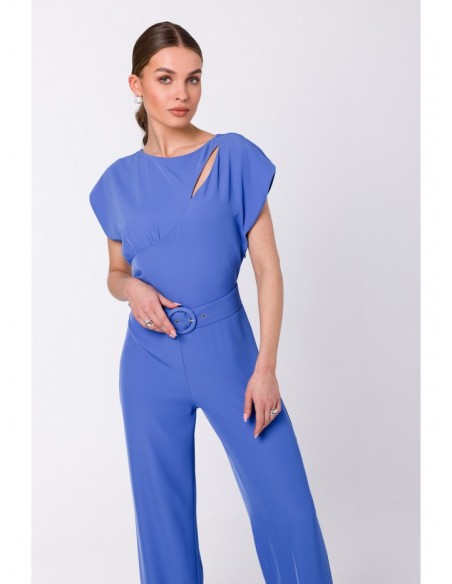 S339 Jumpsuit with split neckline - blue