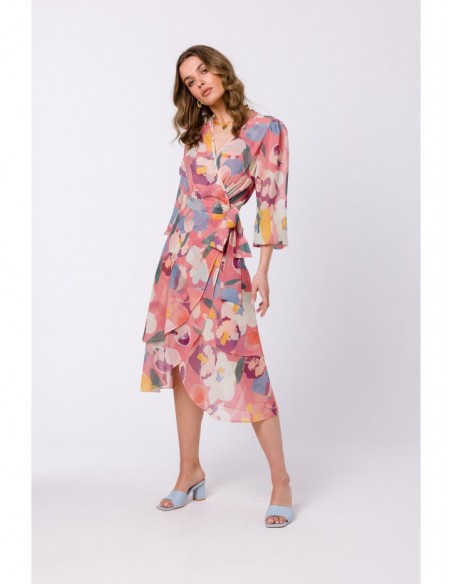 S341 Wrap chiffon dress with print - model 1