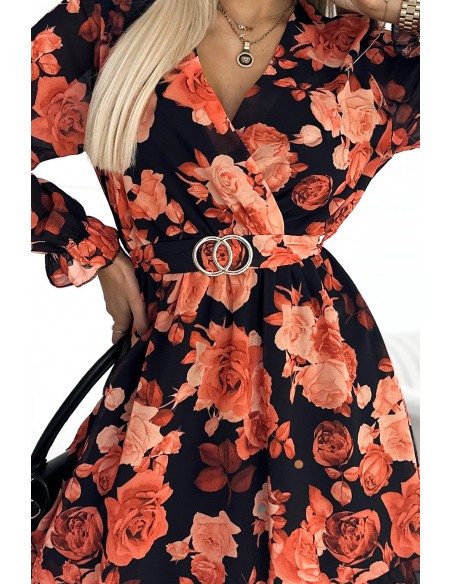  413-1 ROSETTA Feminine dress with an envelope neckline and a belt - orange roses 