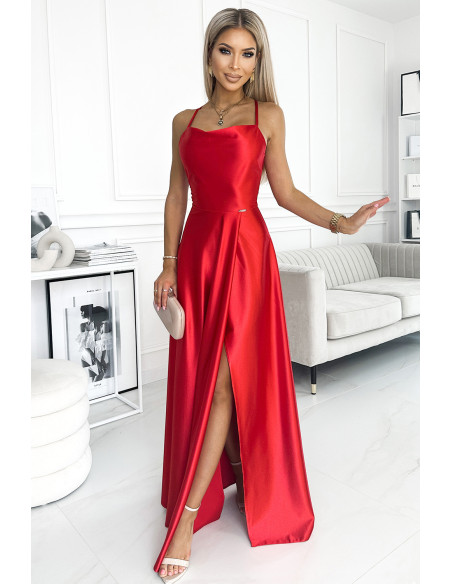 419-1 PERLA satin long dress with a neckline on the back - red 