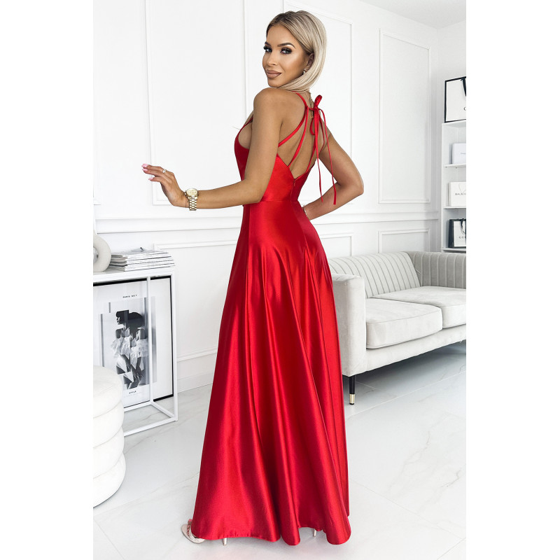  419-1 PERLA satin long dress with a neckline on the back - red  2