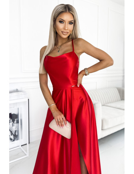  419-1 PERLA satin long dress with a neckline on the back - red 