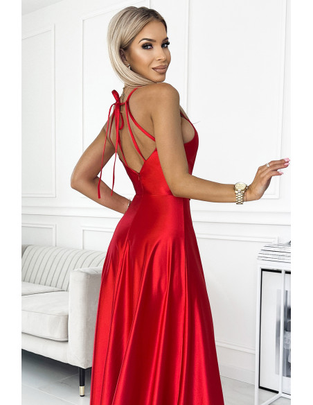  419-1 PERLA satin long dress with a neckline on the back - red 