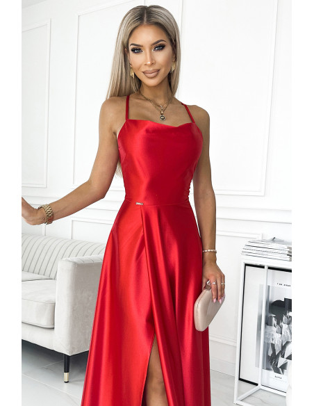  419-1 PERLA satin long dress with a neckline on the back - red 
