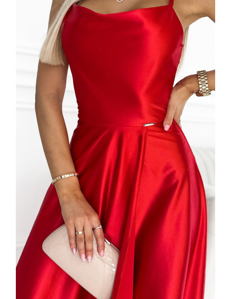  419-1 PERLA satin long dress with a neckline on the back - red 