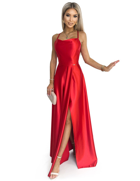 419-1 PERLA satin long dress with a neckline on the back - red 