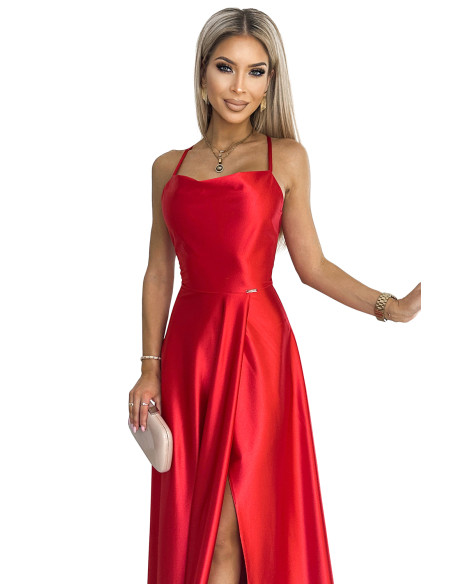  419-1 PERLA satin long dress with a neckline on the back - red 