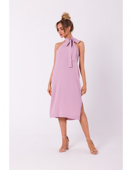 M736 Halter neck dress with a tie detail - crepe pink