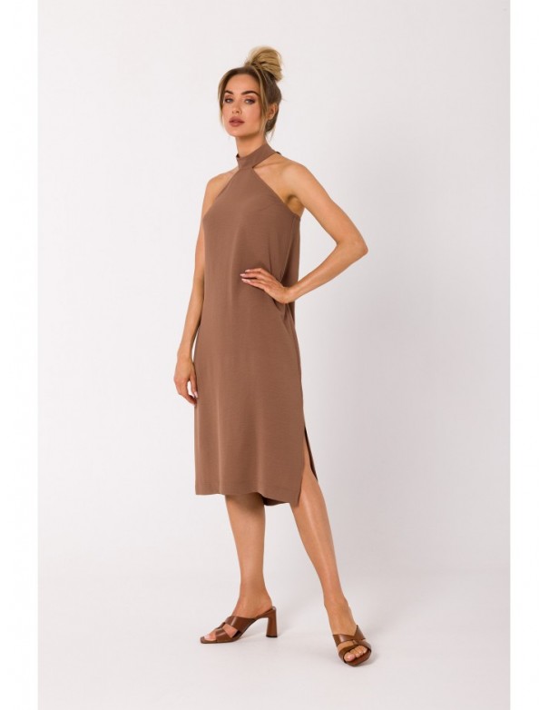 M736 Halter neck dress with a tie detail - chocolate