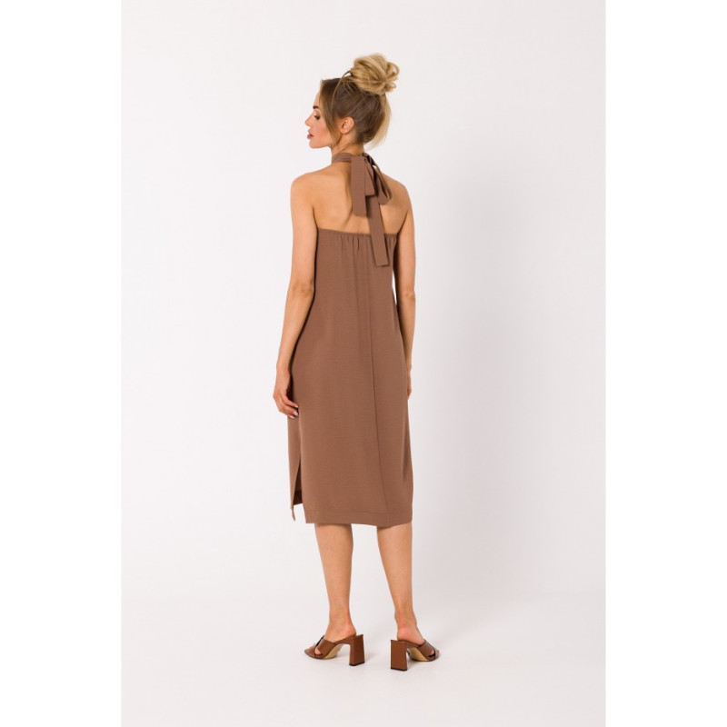 M736 Halter neck dress with a tie detail - chocolate 2