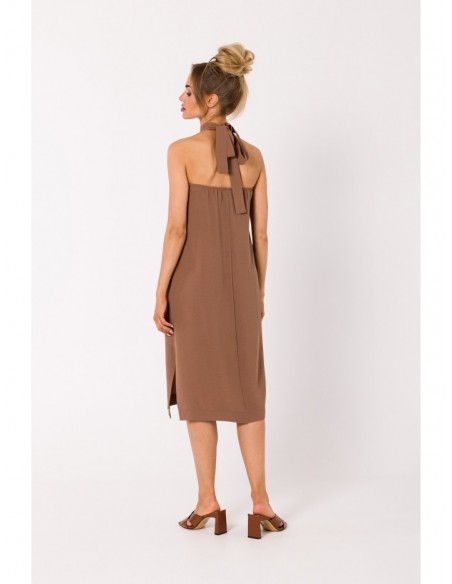 M736 Halter neck dress with a tie detail - chocolate