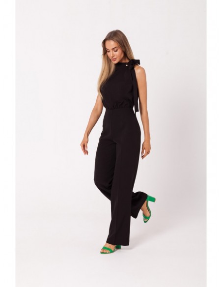 M746 Halter neck jumpsuit with a tie detail - black