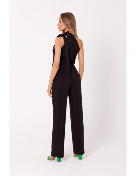 M746 Halter neck jumpsuit with a tie detail - black