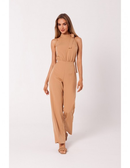 M746 Halter neck jumpsuit with a tie detail - caramel