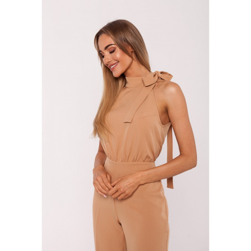 M746 Halter neck jumpsuit with a tie detail - caramel 2