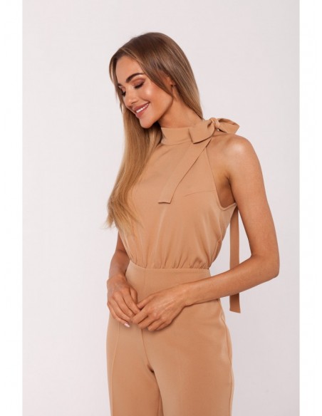 M746 Halter neck jumpsuit with a tie detail - caramel