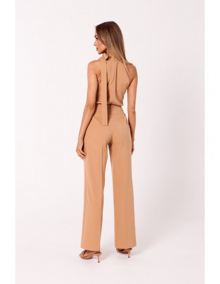 M746 Halter neck jumpsuit with a tie detail - caramel