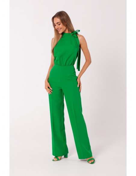 M746 Halter neck jumpsuit with a tie detail - green