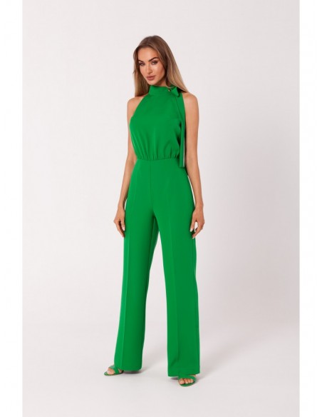 M746 Halter neck jumpsuit with a tie detail - green