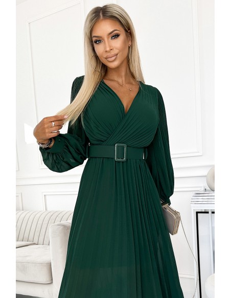  414-1 KLARA pleated dress with a belt and a neckline - bottle green 