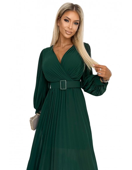  414-1 KLARA pleated dress with a belt and a neckline - bottle green 