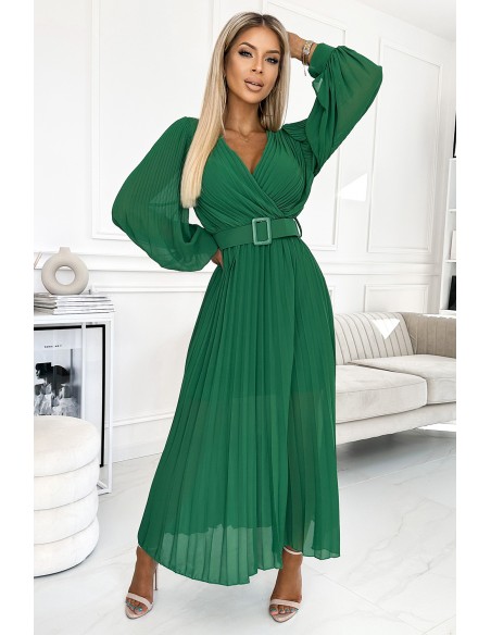  414-3 KLARA pleated dress with a belt and a neckline - green 