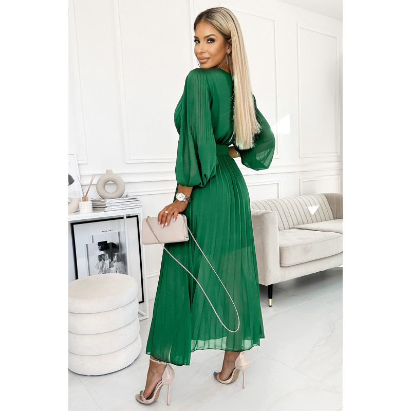  414-3 KLARA pleated dress with a belt and a neckline - green  2