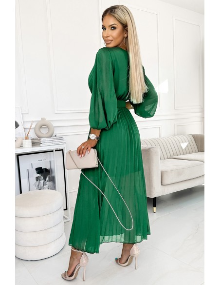  414-3 KLARA pleated dress with a belt and a neckline - green 