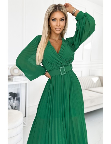  414-3 KLARA pleated dress with a belt and a neckline - green 