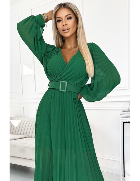  414-3 KLARA pleated dress with a belt and a neckline - green 