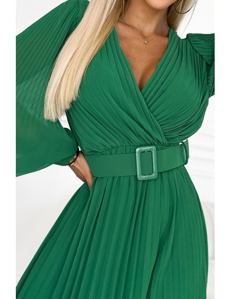  414-3 KLARA pleated dress with a belt and a neckline - green 