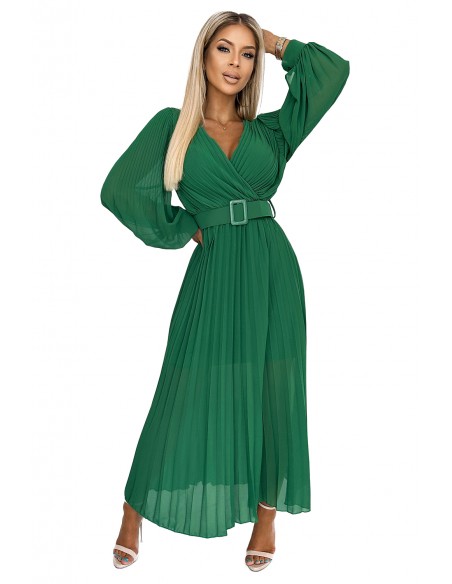  414-3 KLARA pleated dress with a belt and a neckline - green 