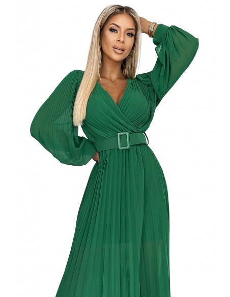  414-3 KLARA pleated dress with a belt and a neckline - green 