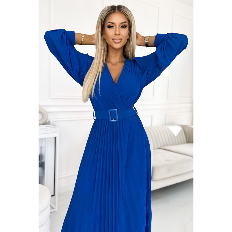  414-5 KLARA pleated dress with a belt and a neckline - royal blue  2