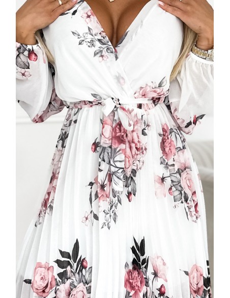  415-2 YSABEL Pleated dress with a neckline, long sleeves and a belt - white with roses 