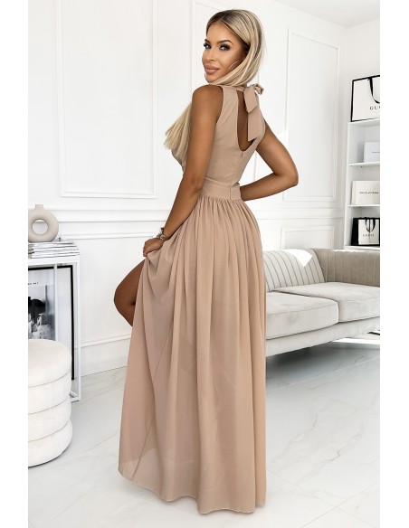  362-6 JUSTINE Long dress with a neckline and a tie - beige 