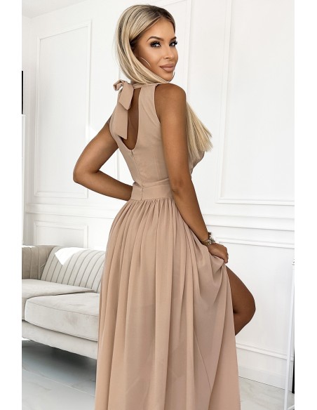  362-6 JUSTINE Long dress with a neckline and a tie - beige 