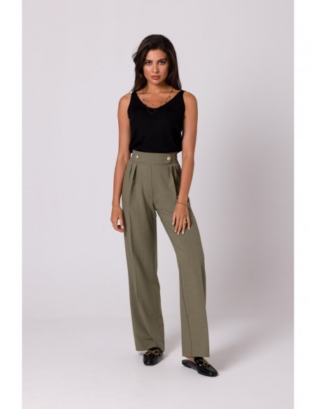 B252 Wide leg trousers with decorative buttons - olive