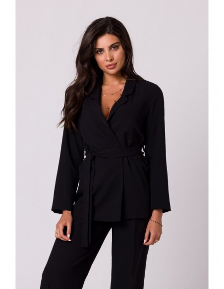 B253 Open front blazer with a tie belt - black