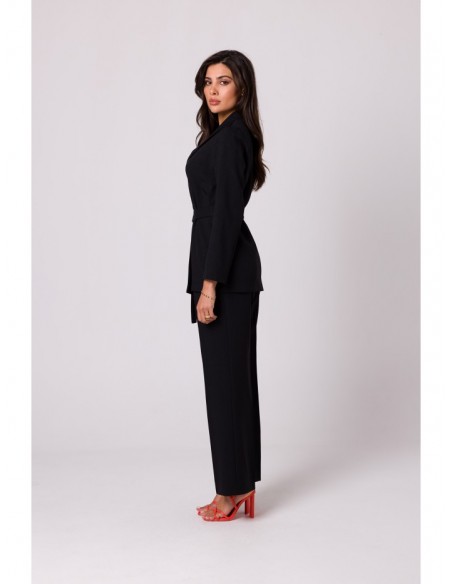 B253 Open front blazer with a tie belt - black