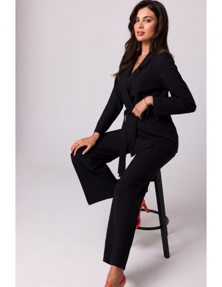 B253 Open front blazer with a tie belt - black